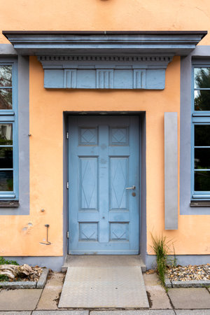 Blue front door. Classic wooden door. Apartment entrance.の写真素材
