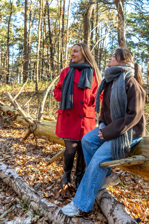 Two female friends on a walk in the forest. Friends walking through the forest. People in nature.の写真素材