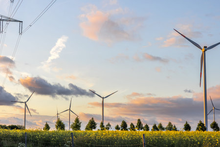 Wind turbines among trees. Eco energy and rapeseed field. Warm sky