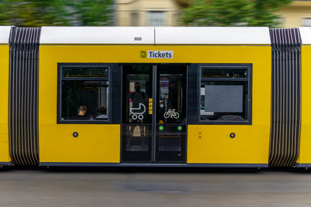 Tram doors close-up. Public transport. Accessibility iconsの写真素材