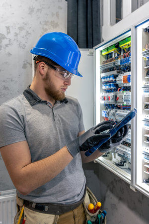 Electrician using tablet. Digital panel control. Electrical system analysis.