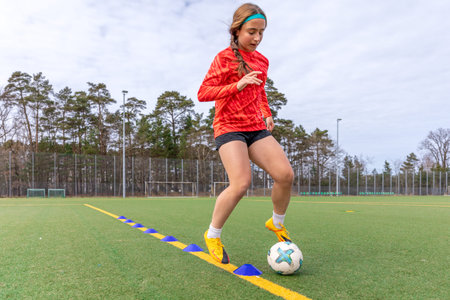 Football training. Girl in sports uniform on the football field. Active lifestyle.