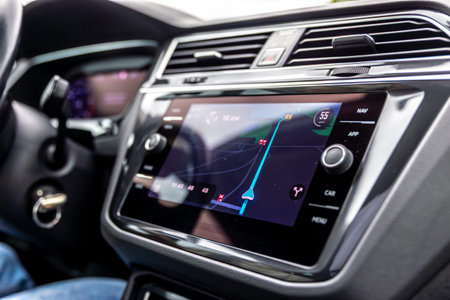 Car navigation display. Multimedia panel. Auto route map