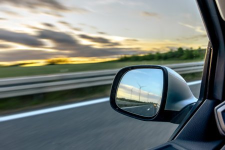 Car mirror with turbines. Energy reflection. Motion and ecology
