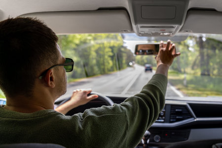 Adjusting rearview mirror. Driver in motion. Spring road trip.