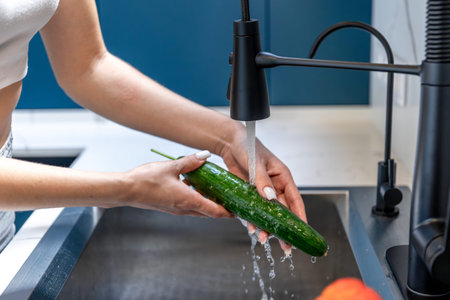 Washing cucumber. Daily kitchen ritual. Minimalist food prep