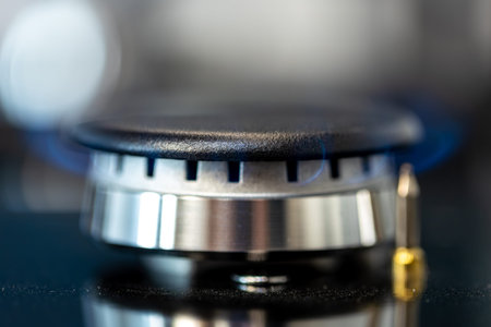 Active gas burner. Steel and flame. Close-up view.
