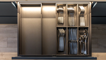 Stylish kitchen. Cutlery organizer. Minimalist aesthetics.