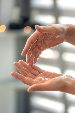 Oil drops flowing from palms, massage preparation. Selfcare ritual.の写真素材