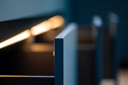 Facade edge close up. Warm LED glow. Minimal kitchenの写真素材