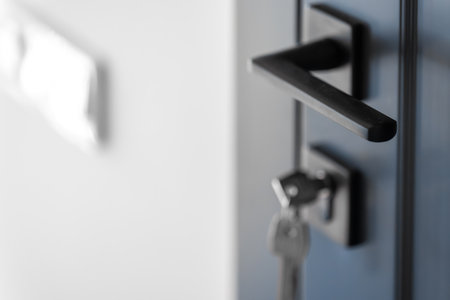 Black door handle. Blurred keys. Minimal frame.の写真素材