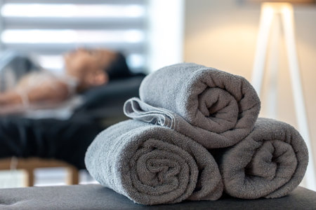Stylish stack of spa towels. Soft focus and cozy moodの写真素材