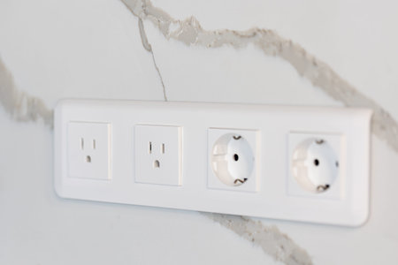 Universal power outlets. Modern interior. Marble wall design.