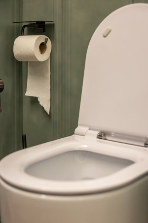 White toilet. Modern restroom. Minimalist bathroomの写真素材