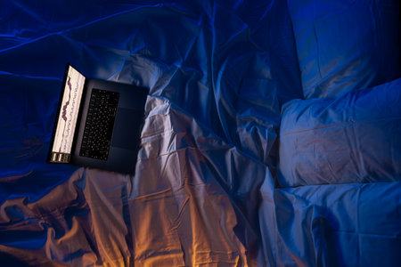 Chart on laptop amid blue bedding folds. Night trading.の写真素材
