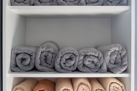 Monochrome grey towels on spa shelf. Grey towels.の写真素材