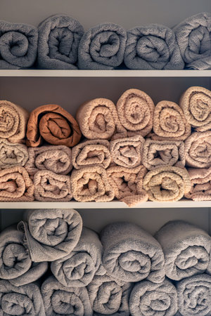 Modern shelf with soft towels for spa. Wellness towels.の写真素材