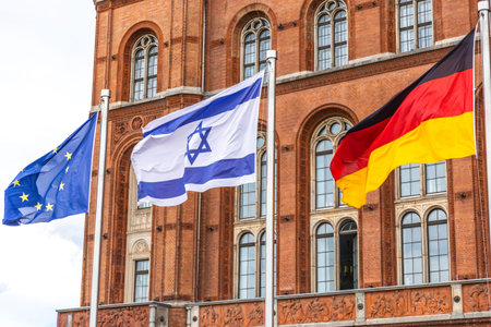 Flags of EU, Israel and Germany. Symbol of unity and global cooperation.の写真素材