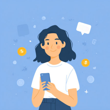 Girl with phone surrounded by coins and messages. Mobile finance.の素材