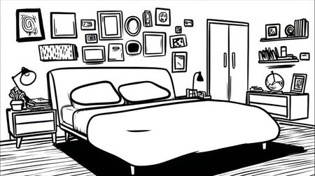 Artistic illustration of modern bedroom with decorative frames. Black and white contour.の素材