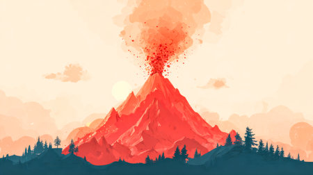 Red volcano erupting under a warm sky. Natural element.の素材