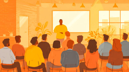 People at a business lecture in a modern space with panoramic windows. Corporate training.の素材