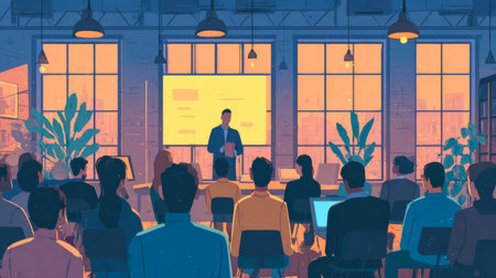 Person speaking to an audience in an evening office with large windows. Business presentation.の素材