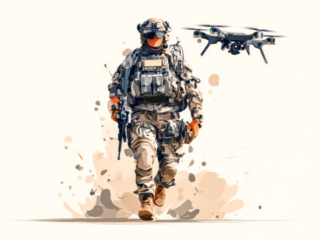 Military operator moves forward with tactical drone. Human leads operation.の素材