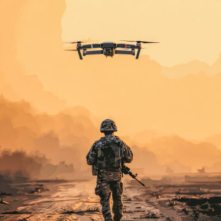 Soldier and drone walk road in warm sunset light. Evening drone patrol.の素材