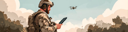 Military operator tracks drone above forest edge. Human directs mission.の素材