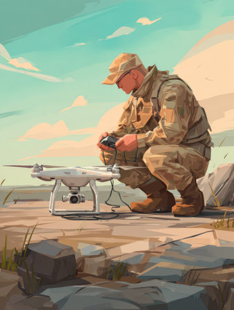 Operator connects tactical drone on rocky plateau. Human configures system.の素材