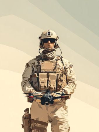 Military operator controls a drone in desert light. Technological control.の素材