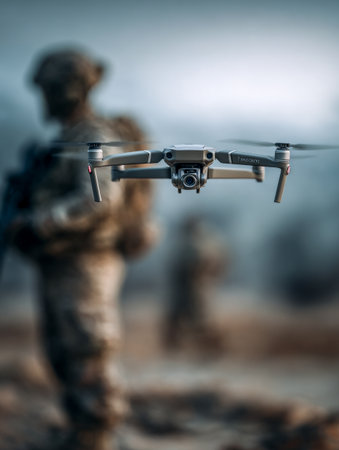 Sleek tactical drone flies low before soldiers on active duty. Drone and soldiers.の素材