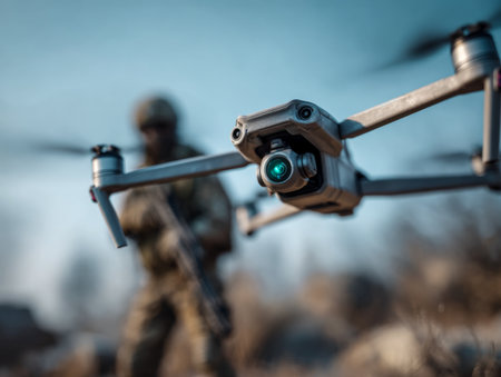 Airborne drone covers a soldiers advance at the frontline. Tactical drone with human.の素材