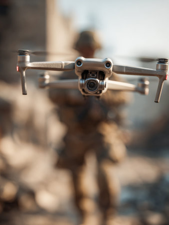 Tactical drone hovering before a soldier in city ruins. Modern drone with human.の素材