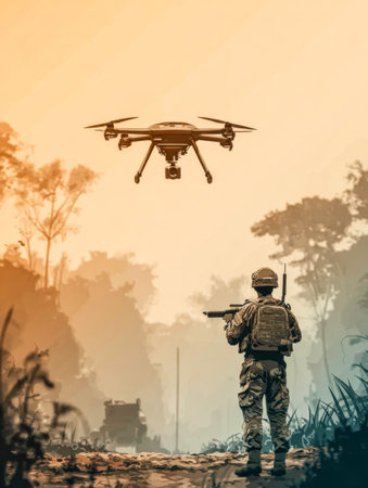 Soldier follows recon drone along misty forest road. Jungle drone soldier.の素材