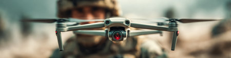 Drone with tactical optics before a soldier in combat conditions. Airborne drone with human.の素材