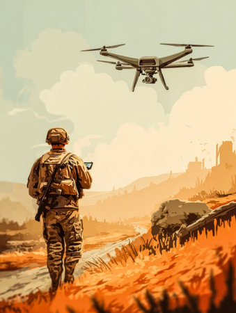 Soldier with tablet leads drone over abandoned steppe and ruins. Drone patrol soldier.の素材