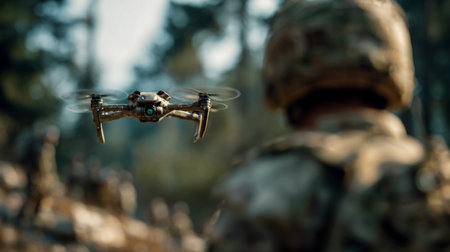 Combat drone hovers before soldier in forest recon zone. Soldier and drone.の素材
