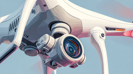 White drone patrols clear sky in close view. Modern aerial drone.の素材