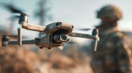 Tactical drone flying before a soldier in dry terrain. Field drone with human.の素材