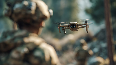 Tactical drone holds distance ahead of soldier in forest. Drone and soldier.の素材