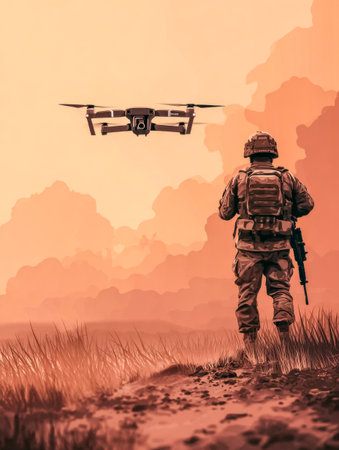 Two soldiers run recon drone above devastated urban horizon. Drone operators city.の素材