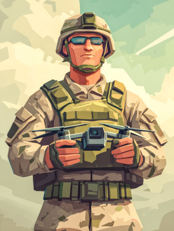 A military operator controls a drone on a clear day. Aerial control.の素材