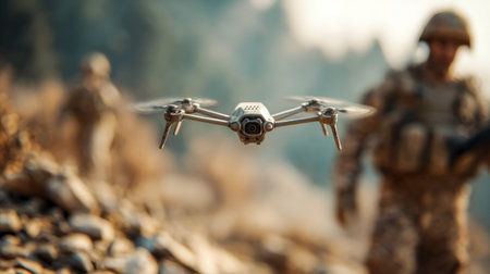 Small recon drone flies ahead of soldiers on rocky slope. Drone and soldiers.の素材