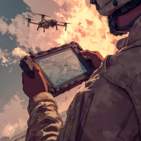 Soldier reviews drone map on rugged tablet screen. Tactical drone map.の素材