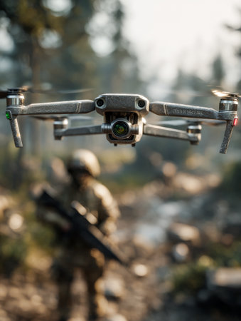 Camouflaged drone holds position before a soldier in a forest corridor. Tactical drone with human.の素材