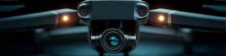 Dark tactical drone stares straight into camera. Frontal combat drone.の素材