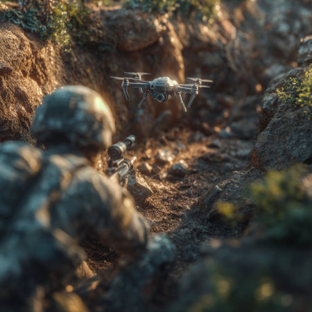 Soldier in narrow gully keeps target under drone cover. Infantry and drone.の素材