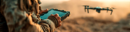 Soldier controls aerial drone with rugged tablet at sunset. Drone control.の素材